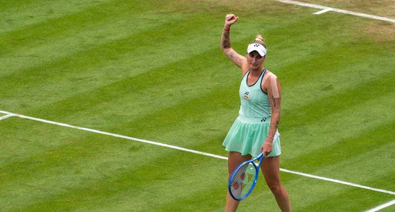 19 06 2025, WTA 500, Tennis, Women, Berlin Tennis Open by Hylo 2025, Berlin, Singles, Round of 16, Diana Shnaider Russia Marketa Vondrousova Czech Republic Marketa Vondrousova Czech Republic celebrates her victory after the match Berlin Steffi Graf Stadium Berlin Germany
