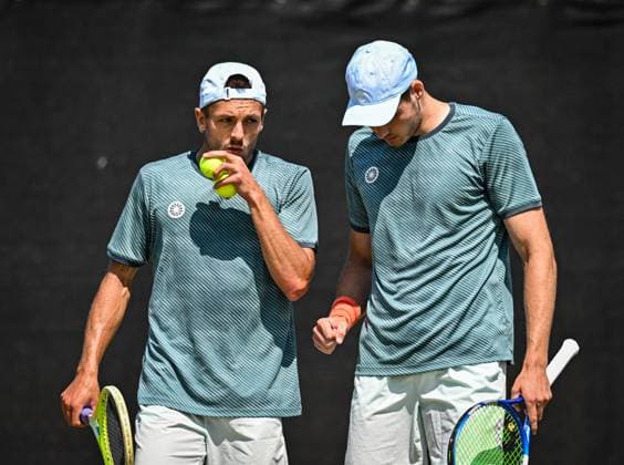 19th June 2025; Lexus Nottingham Tennis Centre, Nottingham, England; Lexus Nottingham Open, Day 4; Jakob Schnaitter (GER) discusses tactics in his quarter final match with his partner Mark Wallner (GER) against Theo Arribage (FRA) and Guido Andreozzi (ARG)  ActionPlus12802494 GodfreyxPitt