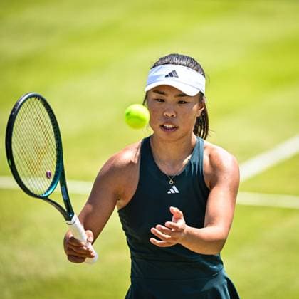 19th June 2025; Lexus Nottingham Tennis Centre, Nottingham, England; Lexus Nottingham Open, Day 4; Mingge Xu (GBR) catches a ball during her quarter final match against Magda Linette (POL)  ActionPlus12802525 GodfreyxPitt