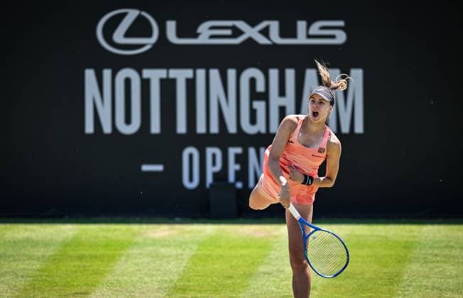 19th June 2025; Lexus Nottingham Tennis Centre, Nottingham, England; Lexus Nottingham Open, Day 4; Magda Linette (POL) shouts in her quarter final match against Mingge Xu (GBR)  ActionPlus12802529 GodfreyxPitt