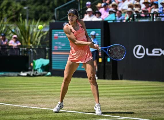 19th June 2025; Lexus Nottingham Tennis Centre, Nottingham, England; Lexus Nottingham Open, Day 4; Magda Linette (POL) hits a backhand in her quarter final match against Mingge Xu (GBR)  ActionPlus12802556 GodfreyxPitt