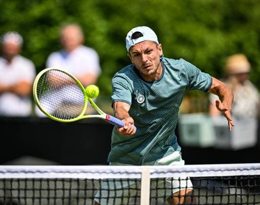 19th June 2025; Lexus Nottingham Tennis Centre, Nottingham, England; Lexus Nottingham Open, Day 4; Jakob Schnaitter (GER) hita a volley in his quarter final match with his partner Mark Wallner (GER) against Theo Arribage (FRA) and Guido Andreozzi (ARG)  ActionPlus12802498 GodfreyxPitt
