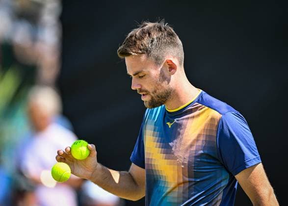 19th June 2025; Lexus Nottingham Tennis Centre, Nottingham, England; Lexus Nottingham Open, Day 4; Theo Arribage (FRA) prepares to serve in his quarter final match with his partner Guido Andreozzi (ARG) against Mark Wallner (GER) and Jakob Schnaitter (GER)  ActionPlus12802500 GodfreyxPitt