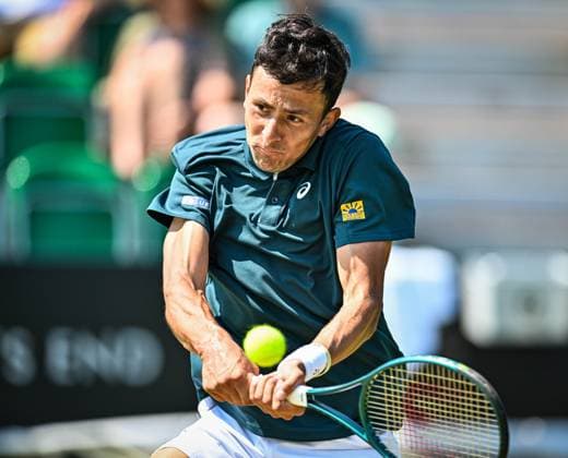 19th June 2025; Lexus Nottingham Tennis Centre, Nottingham, England; Lexus Nottingham Open, Day 4; Emilio Nava (USA) hits a backhand in his quarter final match against Colton Smith (USA)  ActionPlus12802510 GodfreyxPitt