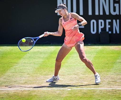 19th June 2025; Lexus Nottingham Tennis Centre, Nottingham, England; Lexus Nottingham Open, Day 4; Magda Linette (POL) hits a forehand in her quarter final match against Mingge Xu (GBR)  ActionPlus12802530 GodfreyxPitt