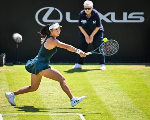 19th June 2025; Lexus Nottingham Tennis Centre, Nottingham, England; Lexus Nottingham Open, Day 4; Mingge Xu (GBR) hits a backhand in her quarter final match against Magda Linette (POL)  ActionPlus12802541 GodfreyxPitt