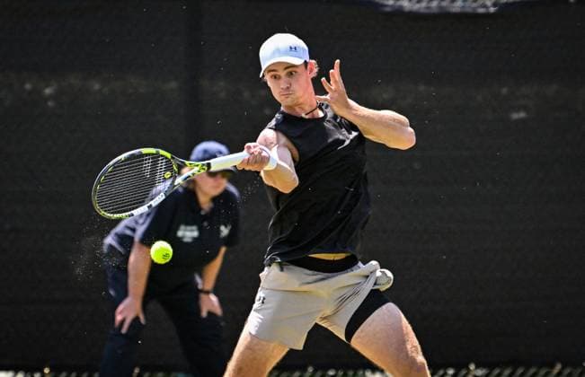 19th June 2025; Lexus Nottingham Tennis Centre, Nottingham, England; Lexus Nottingham Open, Day 4; Colton Smith (USA) hits a forehand in his quarter final match against Emilio Nava (USA)  ActionPlus12802547 GodfreyxPitt