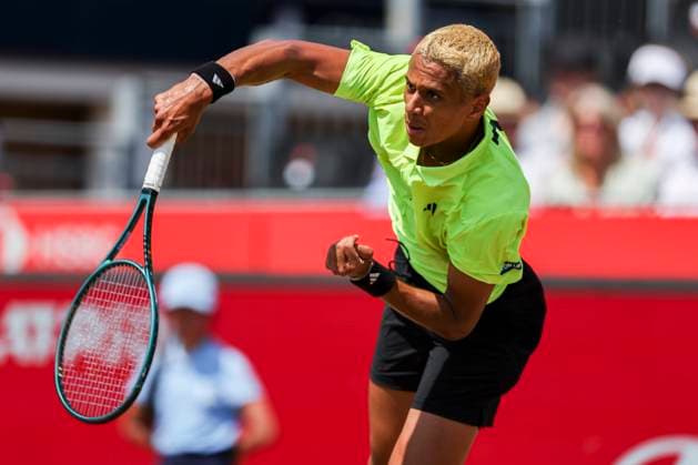 19th June 2025; HSBC Championships, Queens Club, West Kensington, London, England: HSBC Mens Championships Queens Club, Day 4; Gabriel Diallo (CAN) serves to Jiri Letecka (CZE)  ActionPlus12802641 HenningxVonxJagow