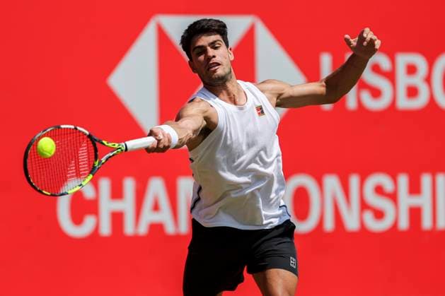 19th June 2025; HSBC Championships, Queens Club, West Kensington, London, England: HSBC Mens Championships Queens Club, Day 4; Carlos Alcaraz (ESP) during practice session  ActionPlus12802627 HenningxVonxJagow