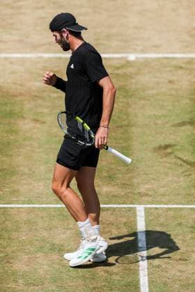 19th June 2025; HSBC Championships, Queens Club, West Kensington, London, England: HSBC Mens Championships Queens Club, Day 4; Jacob Fearnley (GBR) celebrates winning a point against Corentin Moutet (FRA)  ActionPlus12802658 HenningxVonxJagow