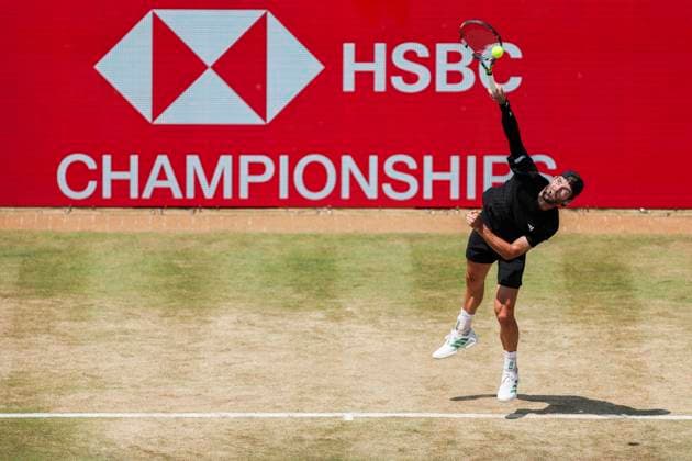 19th June 2025; HSBC Championships, Queens Club, West Kensington, London, England: HSBC Mens Championships Queens Club, Day 4; Jacob Fearnley (GBR) serves to Corentin Moutet (FRA)  ActionPlus12802659 HenningxVonxJagow