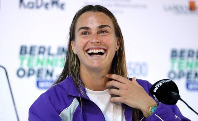 Aryna Sabalenka BLR laughing in interview at press conference Sport HYLO Berlin Tennis Open Women on grass 19 06 2025