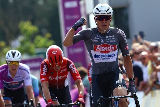 Belgian Jasper Philipsen of Alpecin-Deceuninck crosses the finish line to win the second stage of the Baloise Belgium Tour cycling race, 194,6 km from Beringen to Putte, Thursday 19 June 2025. The Baloise Belgium Tour takes place from 18 to 22 June. DAVIDxPINTENS  x127393472x