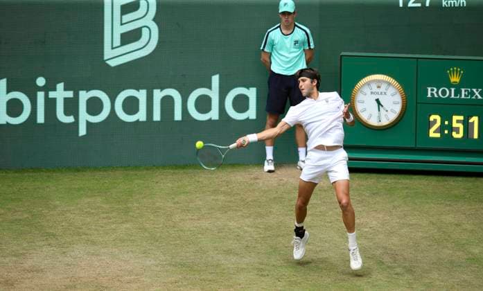 photo Argentinian Tomas Martin ETCHEVERRY all in white defeats Andrey Rublev in 3 thrilling sets Tennis Tournament Terra Wortmann Cup at Gerry Weber Sportpark OWL Arena in Halle Westfalen on Thu 19 06 2025