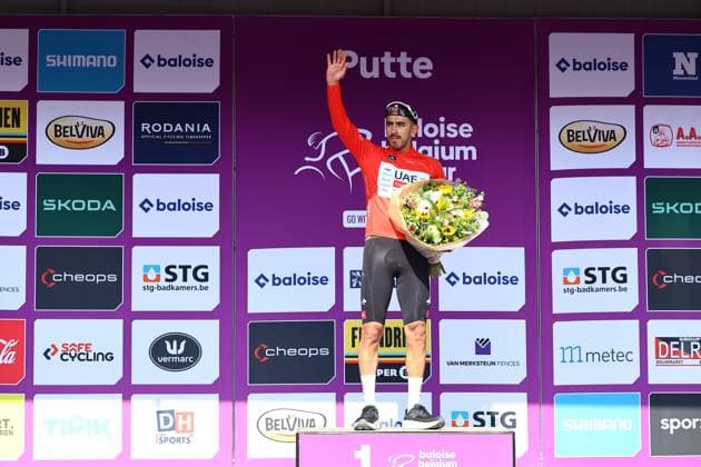 Colombian Juan Sebastian Molano of UAE Team Emirates celebrates in the jersey of leader in the overall ranking after the second stage of the Baloise Belgium Tour cycling race, 194,6 km from Beringen to Putte, Thursday 19 June 2025. The Baloise Belgium Tour takes place from 18 to 22 June. DAVIDxPINTENS  x127395561x