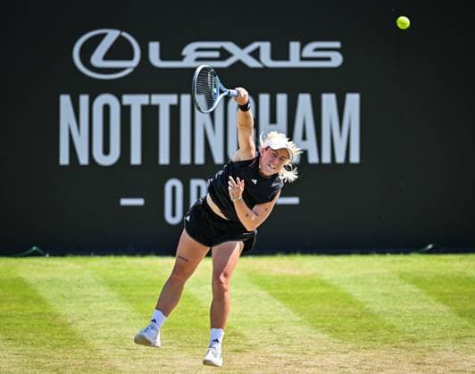 19th June 2025; Lexus Nottingham Tennis Centre, Nottingham, England; Lexus Nottingham Open, Day 4; Sonay Kartal (GBR) serves in her quarter final match against Katie Boulter (GBR)  ActionPlus12802706 GodfreyxPitt