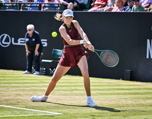 19th June 2025; Lexus Nottingham Tennis Centre, Nottingham, England; Lexus Nottingham Open, Day 4; Katie Boulter (GBR) hits a backhand in her quarter final match against Sonay Kartal (GBR)  ActionPlus12802683 GodfreyxPitt