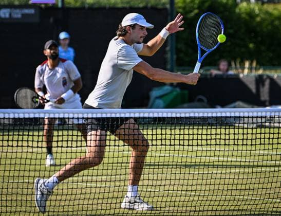19th June 2025; Lexus Nottingham Tennis Centre, Nottingham, England; Lexus Nottingham Open, Day 4; Jaime Faria (POR) hits a winning volley in his quarter final match with his partner Jeevan Nedunchezhiyan (IND) against Austin Krajicek (USA) and Santiago Gonzalez (MEX)  ActionPlus12802845 GodfreyxPitt
