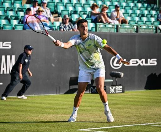 19th June 2025; Lexus Nottingham Tennis Centre, Nottingham, England; Lexus Nottingham Open, Day 4; Thomas Barrios Vera (CHI) hits a forehand in his quarter final match against Marin Cilic (CRO)  ActionPlus12802850 GodfreyxPitt