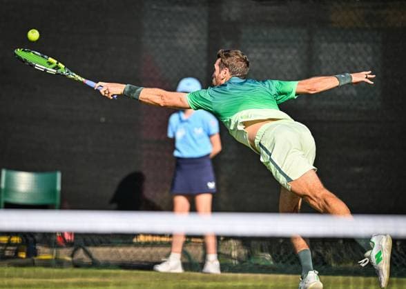 19th June 2025; Lexus Nottingham Tennis Centre, Nottingham, England; Lexus Nottingham Open, Day 4; Austin Krajicek (USA) fails to reach a wide ball in his quarter final match with his partner Santiago Gonzalez (MEX) against Jeevan Nedunchezhiyan (IND) and Jaime Faria (POR)  ActionPlus12802830 GodfreyxPitt