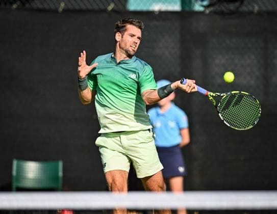 19th June 2025; Lexus Nottingham Tennis Centre, Nottingham, England; Lexus Nottingham Open, Day 4; Austin Krajicek (USA) hits a forehand in his quarter final match with his partner Santiago Gonzalez (MEX) against Jeevan Nedunchezhiyan (IND) and Jaime Faria (POR)  ActionPlus12802834 GodfreyxPitt