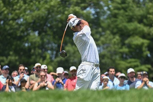 Thursday June 19, 2025: Hideki Matsuyama hits his tee shot on the First hole during the first round of the Travelers Golf Championship in Cromwell, Connecticut. CSM Cromwell USA - ZUMAc04_ 20250619_zma_c04_035 Copyright: xGregoryxVasilx