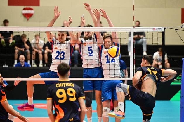 in action during the Men s volleyball European league game: Czechia vs Romania in Kutna Hora, Czech Republic, June 19, 2025. From left Czech Patrik Indra, Adam Zajicek, Martin Licek. (CTKxPhoto JosefxVostarek) CTKPhotoP2025061907647  CTKPhotoP2025061907647