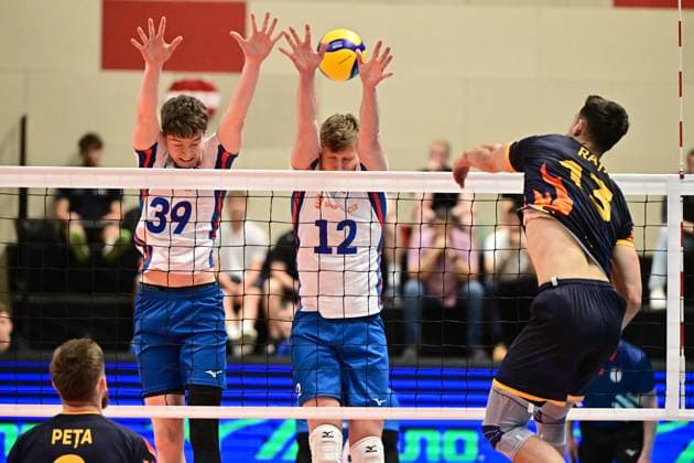 in action during the Men s volleyball European league game: Czechia vs Romania in Kutna Hora, Czech Republic, June 19, 2025. From left Antonin Klimes, Martin Licek of Czech Republic. (CTKxPhoto JosefxVostarek) CTKPhotoP2025061907648  CTKPhotoP2025061907648