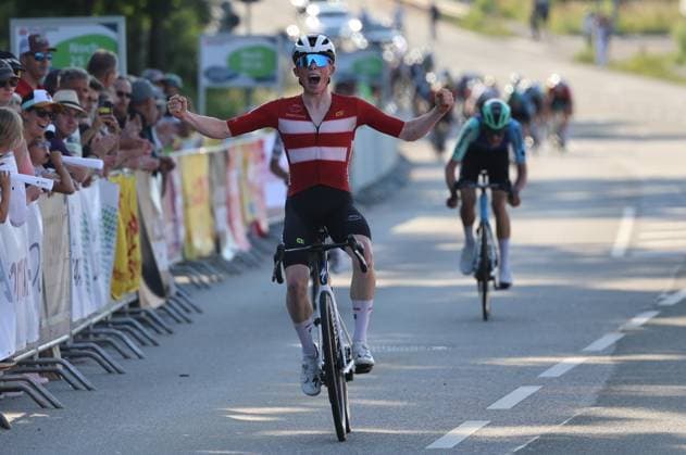 19 06 2025, Cycling, International Junior Cycling Race 37 LVM Saarland Trofeo, 1 stage, The winner Noah Lindholm Miller Andersen Denmark Elversberg Ursapharm Arena an der Kaiserlinde Saarland Germany DEU Copyright: xSebastianxBachx