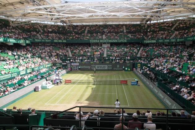Overview of the OWL Arena, formerly Gerry Weber Stadium, feature, symbol photo, border motif, Tennis Terra Wortmann Open 2025 on 18 06 2025 in the OWL Arena Halle Westfalen, Germany Â