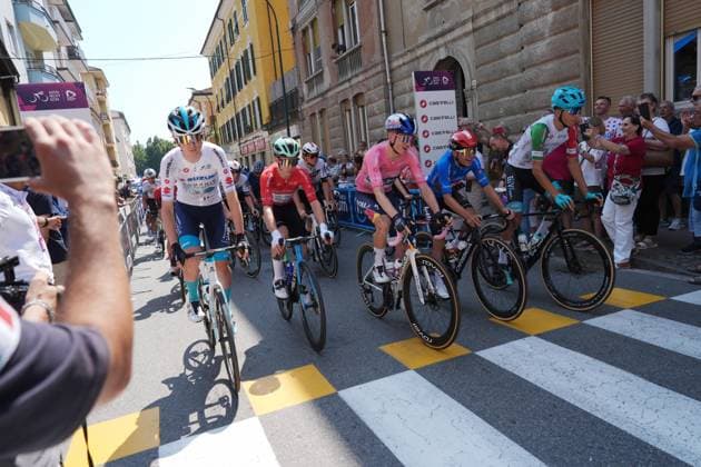 Omrzel Jakob of Bahrain Victorious Development Team, Sparfel Aubin of Decathlon Ag2R La Mondiale Development Team, Tuckwell Luke of Red Bull - Bora - Hansgrohe Rookies, Widar Jarno of Lotto Development Team, Turconi Filippo of Vf Group Bardianicsf-Faizane , during the stage 6 of the Giro Next Gen 2025, Ovada (Al) Acqui Terme (Al), 155 km, Italy - Friday, June 20, 2025. - cycling. Copyright: xGianxMattiaxD Alberto LaPressex