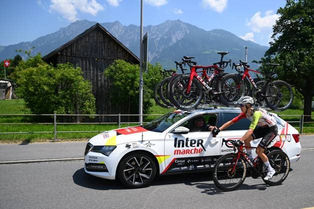Tour de Suisse 2025 Stage 6 NEUHAUSEN AM RHEINFALL, SWITZERLAND - JUNE 20 : Petilli Simone (ITA) of Intermarche - Wanty during stage 6 of the 88th edition of Tour de Suisse an UCI World Tour 2.UWT cycling road race stage for Men Elite of 186.7 km with start in Chur and finish in Neuhausen am Rheinfall on June 20, 2025 in Neuhausen am Rheinfall, Switzerland, 20 06 2025 ( Motordriver Kenny Verfaillie - Neuhausen am Rheinfall Switzerland  Copyright: xVincentxKalutx