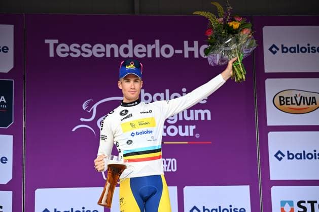Baloise Belgium Tour 2025 Stage 3 HAM, BELGIUM - JUNE 20 : Colman Alex (BEL) of Team Flanders - Baloise during the podium ceremony of stage 3 of the 94th edition of Baloise Tour of Belgium an UCI ProSeries 2.Pro Individual Time Trial stage for Men Elite of 9.7 km with start in Tessenderlo and finish in Ham on June 20, 2025 in Ham, Belgium, 20 06 2025 Ham Belgium  Copyright: xTomasxSiskx