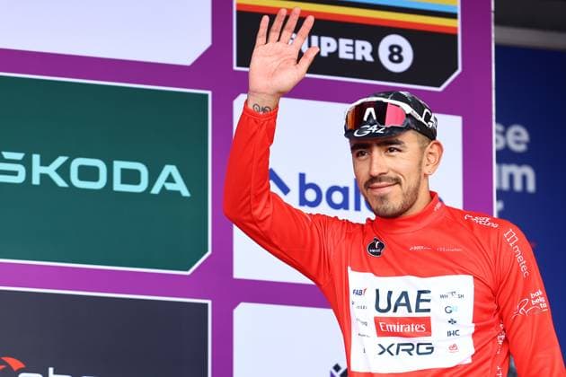 Colombian Juan Sebastian Molano of UAE Team Emirates pictured on the podium after the third stage of the Baloise Belgium Tour cycling race, a 9,7km individual time trial from Tessenderlo to Ham, Friday 20 June 2025. The Baloise Belgium Tour takes place from 18 to 22 June. DAVIDxPINTENS  x127454235x