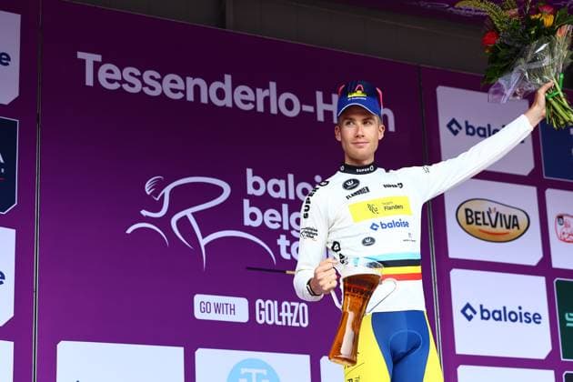 Belgian Alex Colman of Team Flanders Baloise pictured on the podium after the third stage of the Baloise Belgium Tour cycling race, a 9,7km individual time trial from Tessenderlo to Ham, Friday 20 June 2025. The Baloise Belgium Tour takes place from 18 to 22 June. DAVIDxPINTENS  x127454238x
