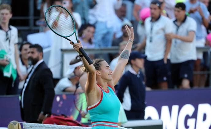 Aryna Sabalenka BLR celebrates after beating Elena Rybakina KAZ at the Steffi Graf Stadium Sport HYLO Berlin Tennis Open Women on grass 20 06 2025