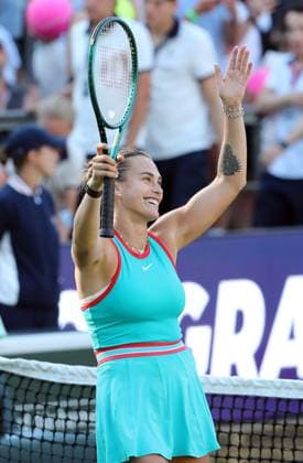 Aryna Sabalenka BLR celebrates after beating Elena Rybakina KAZ at the Steffi Graf Stadium Sport HYLO Berlin Tennis Open Women on grass 20 06 2025