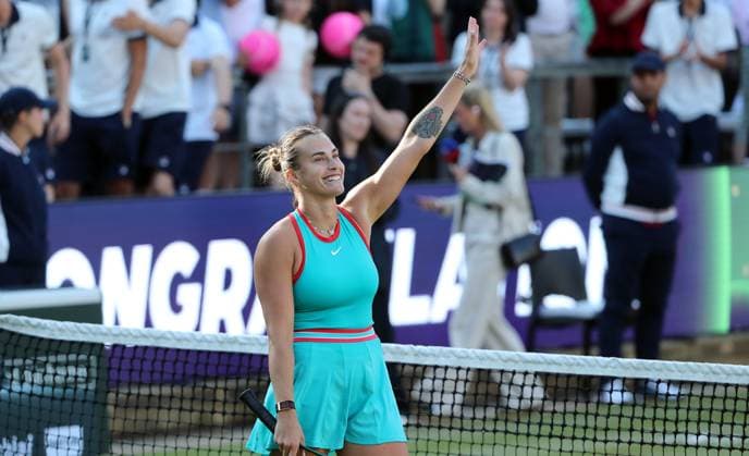 Aryna Sabalenka BLR celebrates after beating Elena Rybakina KAZ at the Steffi Graf Stadium Sport HYLO Berlin Tennis Open Women on grass 20 06 2025