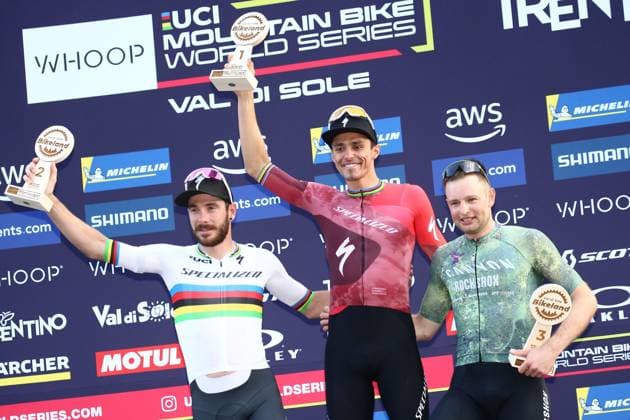 UCI MTB World Cup Pierre Teyssot MAXPPP ; UCI MTB World Cup. Commezzadura, Italy on June 20, 2025. Short Track Elite Race, Christopher BLEVINS (USA) wins ahead of Victor KORETZKY (FRA) right and Luca SCHWARZBAUER (GER) is third. Pierre Teyssot Maxppp Commezzadura Trentino Italy  Copyright: xMAXPPPxPierrexTeyssotx PT1_3345 PT1_3345
