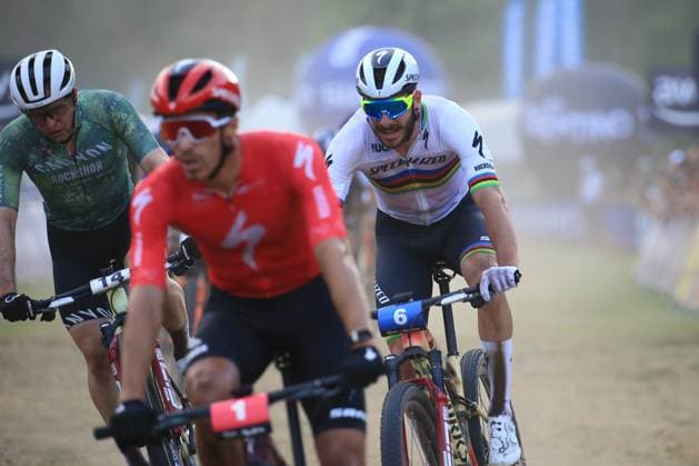 UCI MTB World Cup Pierre Teyssot MAXPPP ; UCI MTB World Cup. Commezzadura, Italy on June 20, 2025. Short Track Elite Race, Christopher BLEVINS (USA), Victor KORETZKY (FRA) left and Luca SCHWARZBAUER (GER) right Pierre Teyssot Maxppp Commezzadura Trentino Italy  Copyright: xMAXPPPxPierrexTeyssotx PT1_3245 PT1_3245