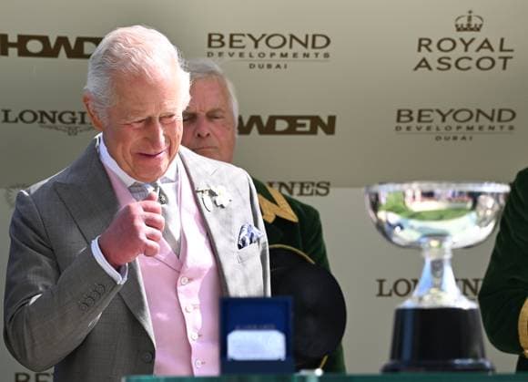 20th June 2025; Ascot Racecourse, Berkshire, England; Royal Ascot Horse Racing, Day 4; HRH King Charles III prepares to present the trophies for The Coronation Stakes winners  ActionPlus12803064 SimonxWest