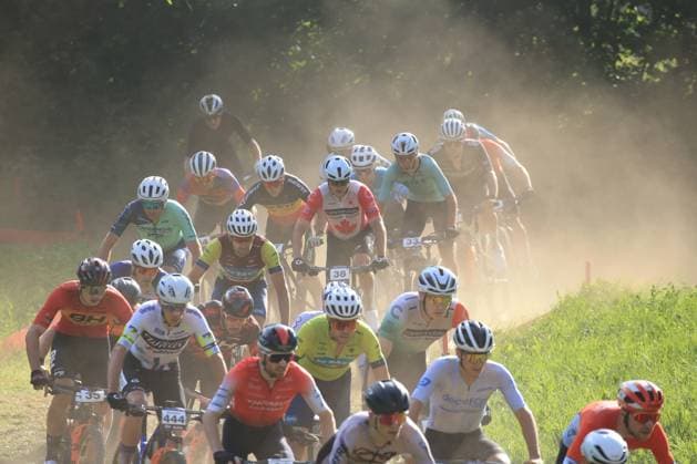 20th June 2025, Val di Sole, Trentino, Italy; UCI Mountain Bike World Cup, Day 1; The peloton raises the course dust  ActionPlus12803090 PierrexTeyssot