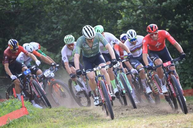 20th June 2025, Val di Sole, Trentino, Italy; UCI Mountain Bike World Cup, Day 1; Christopher BLEVINS (USA) rigt and Victor KORETZKY (FRA) and Luca SCHWARZBAUER (GER) lead the race  ActionPlus12803091 PierrexTeyssot