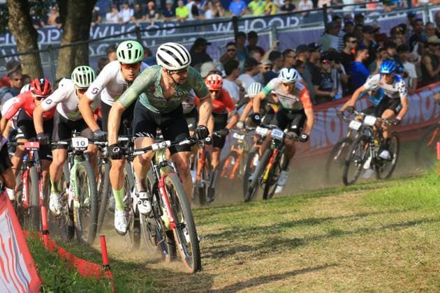 20th June 2025, Val di Sole, Trentino, Italy; UCI Mountain Bike World Cup, Day 1; Luca SCHWARZBAUER (GER) leads the peleton  ActionPlus12803092 PierrexTeyssot