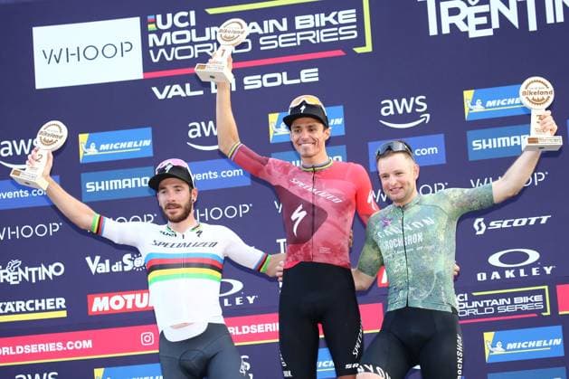 20th June 2025, Val di Sole, Trentino, Italy; UCI Mountain Bike World Cup, Day 1; Christopher BLEVINS (USA) wins ahead of right Victor KORETZKY (FRA) and third placed Luca SCHWARZBAUER (GER)  ActionPlus12803096 PierrexTeyssot