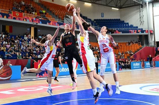 Montenegro v Belgium - FIBA Women s EuroBasket 2025 BRNO, CZECH REPUBLIC - JUNE 20 : Allemand Julie guard of Belgium is challenged by Vucetic Jelena of Montenegro, Jovanovic Milica of Montenegro and Pasic Jovana of Montenegro during the Group Phase Group C match between Montenegro and Belgium at the FIBA Women s EuroBasket 2025 on June 20, 2025 in Brno, Czech Republic, 20 06 2025 Brno Czech Republic  Copyright: xPeterxDexVoechtx