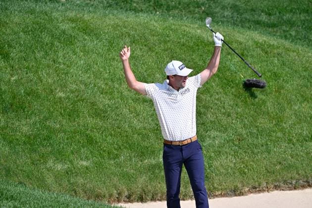 June 19, 2025: Austin Eckroat of Edmond, OK, reacts after making a shot from a bunker into the cup on the fifteenth hole during the second round of the PGA, Golf Herren Travelers Championship golf tournament held at TPC River Highlands in Cromwell CT. Cal Media Cromwell USA - ZUMAc04_ 20250620_zma_c04_082 Copyright: xEricxCanhax
