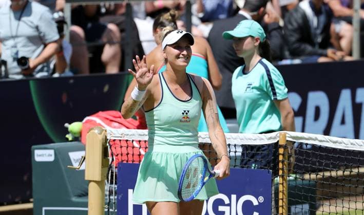 Marketa Vondrousova CZE celebrates after beating Aryna Sabalenka BLR at the Steffi Graf Stadium Sport Semifinal HYLO Berlin Tennis Open Women on grass 21 06 2025