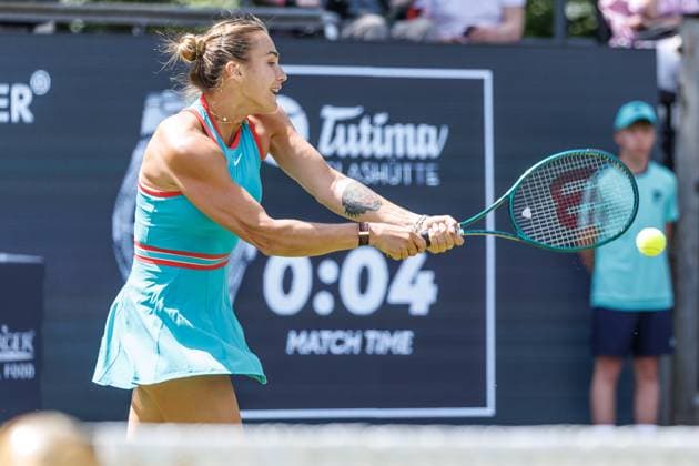 21 06 2025 Tennis WTA Tour Berlin, Singles, Women, Semifinals, Marketa Vondrousova CZE Samsonova Russia , Steffi Graf Stadium Aryna Sabalenka returns a ball Tennis WTA Tour Berlin