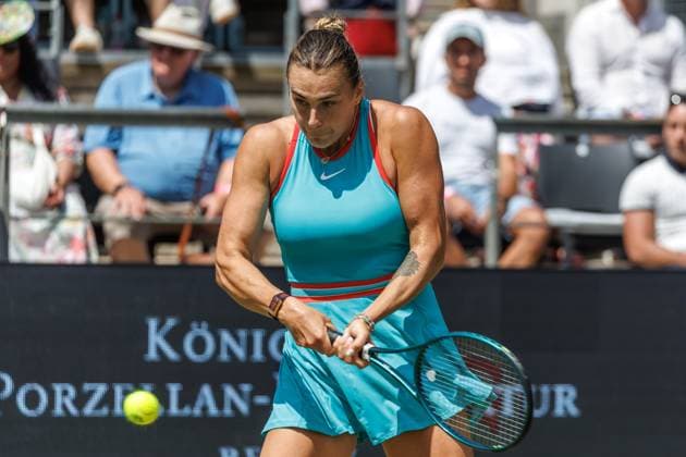 21 06 2025 Tennis WTA Tour Berlin, Singles, Women, Semifinals, Marketa Vondrousova CZE Samsonova Russia , Steffi Graf Stadium Aryna Sabalenka returns a ball Tennis WTA Tour Berlin